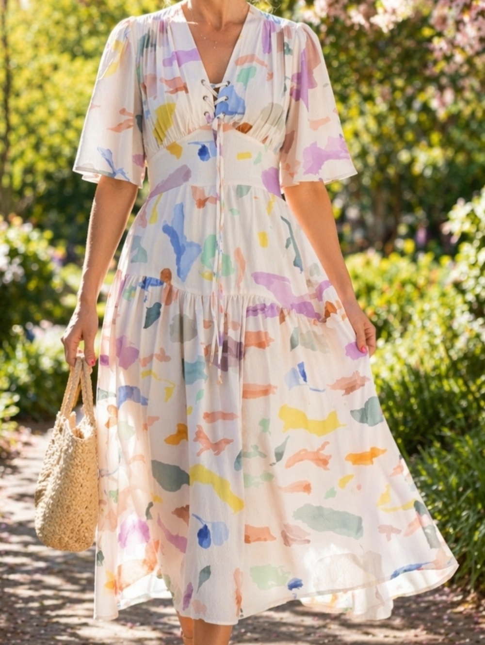 Pastel Watercolor Midi Dress Tie Front Empire Waist Boho Romantic XL  New